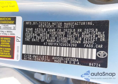 2012 Toyota Camry Hybrid Xle z USA, uszkodzony, nr VIN 4T1BD1FK1CU034260